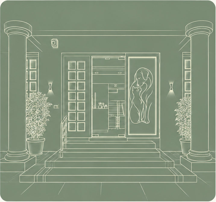 Ivory line illustration of the entrance to NOVA Veterinary hospital