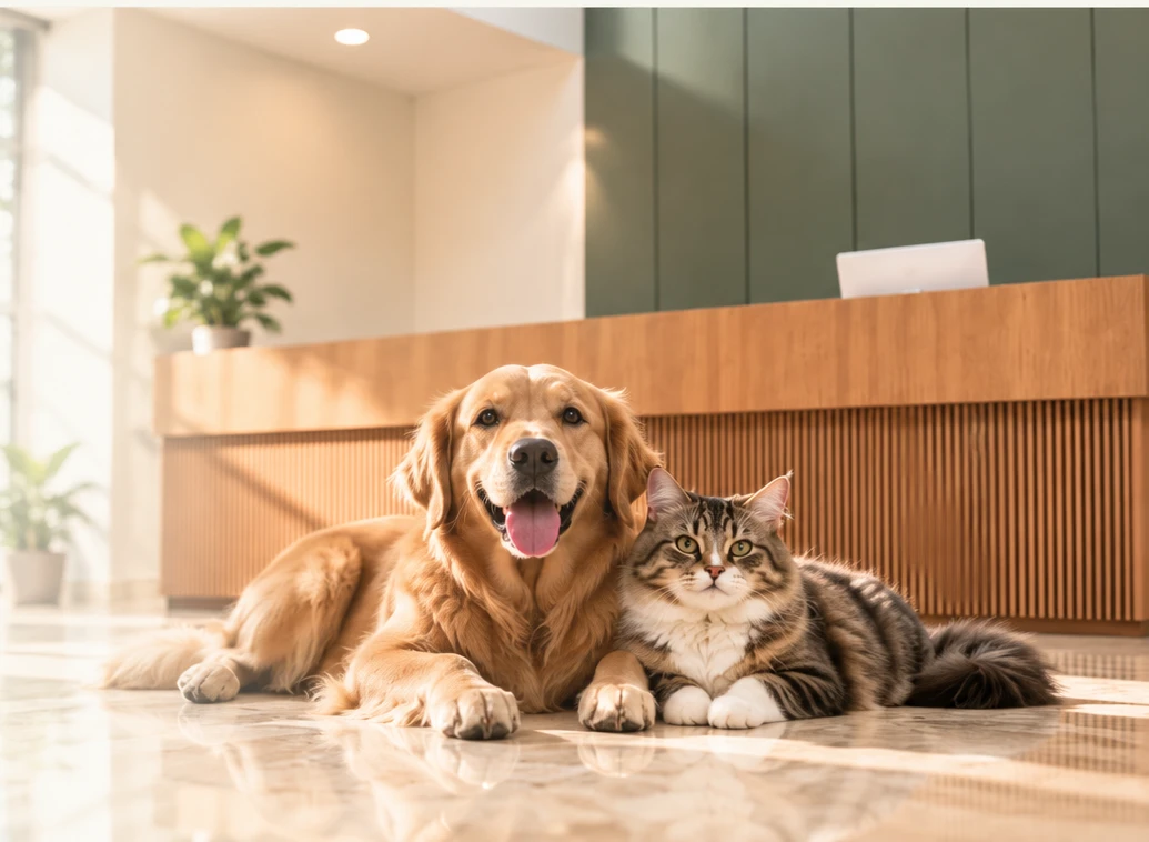 Golden retriever and cat in a warm NOVA-inspired veterinary reception illustration