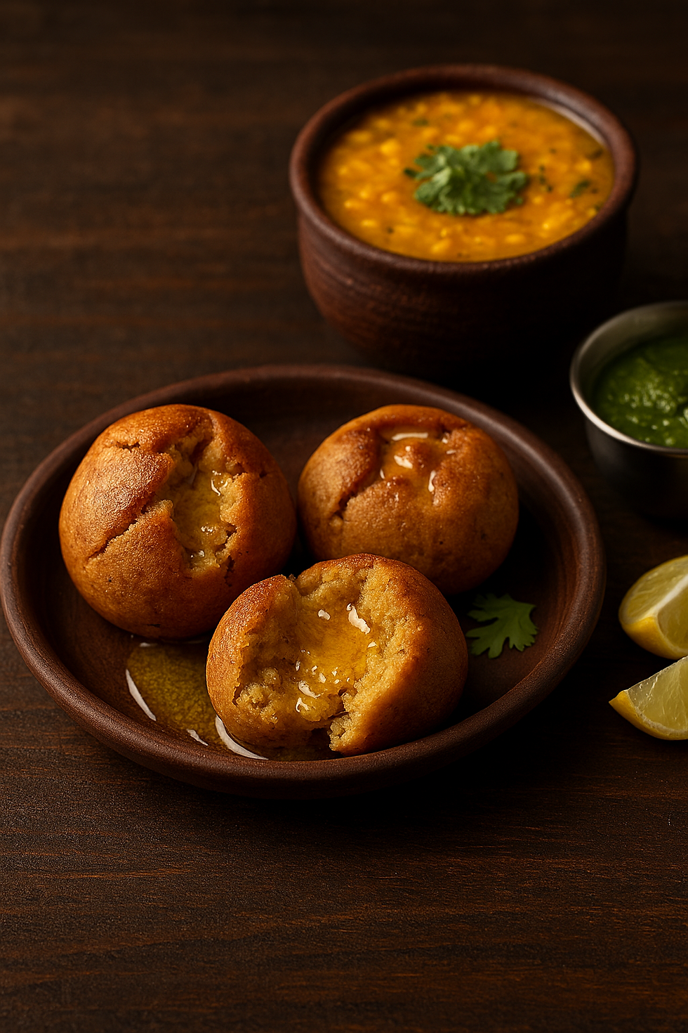Traditional Rajasthani dal bati served with ghee and chutney on a rustic plate.