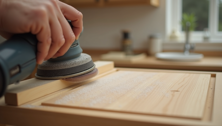 Close-up view of sanding process on wooden kitchen cabinet door