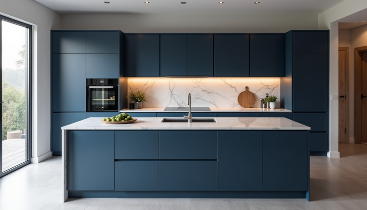 High angle view of a kitchen island with custom painted cabinets in navy blue
