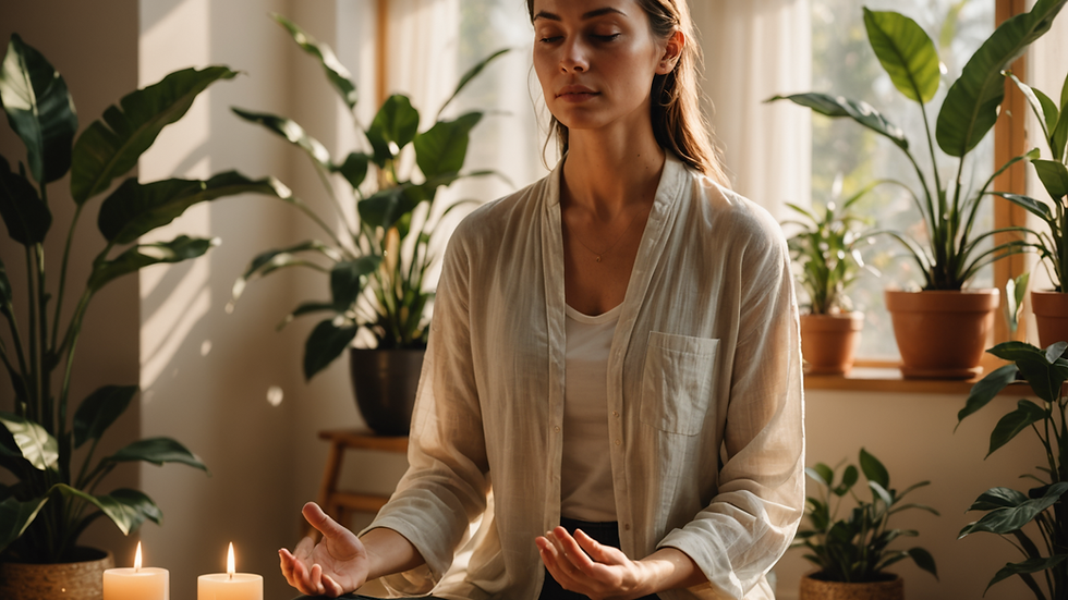 A woman practicing mindfulness in a soft-lit spa room