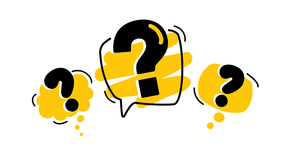 Three question marks in speech bubbles.