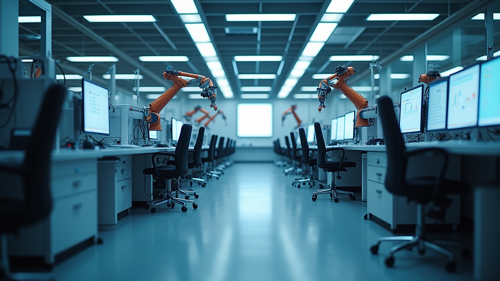Eye-level view of a modern AI research lab with computers and robotic arms