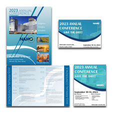 NAMO annual conference program design with blue and teal branding, event schedule layout, and coordinated save-the-date materials.