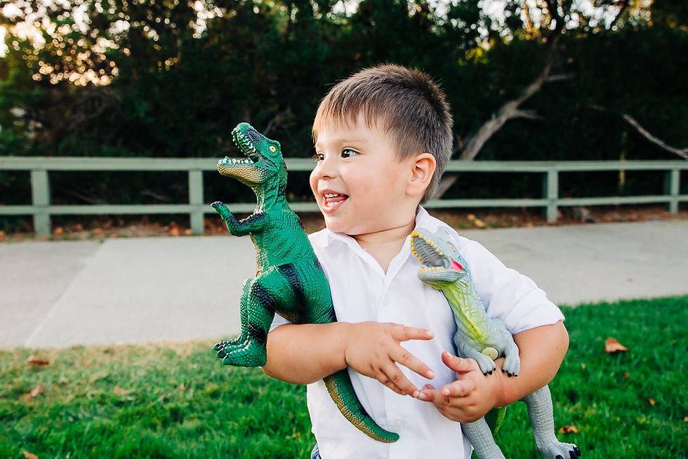 boy with toy dinosaurs at family photo session Orange County