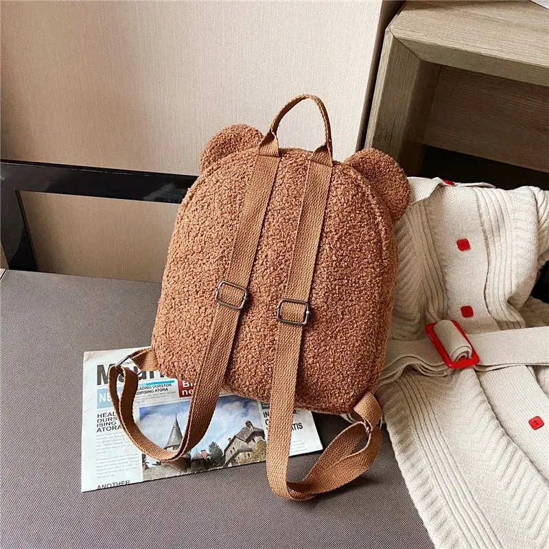 Thumbnail: 1Pcs Cute Bear Ear Fleece Small Backpack Kids Girls Casual Warm Lambswool Daypac