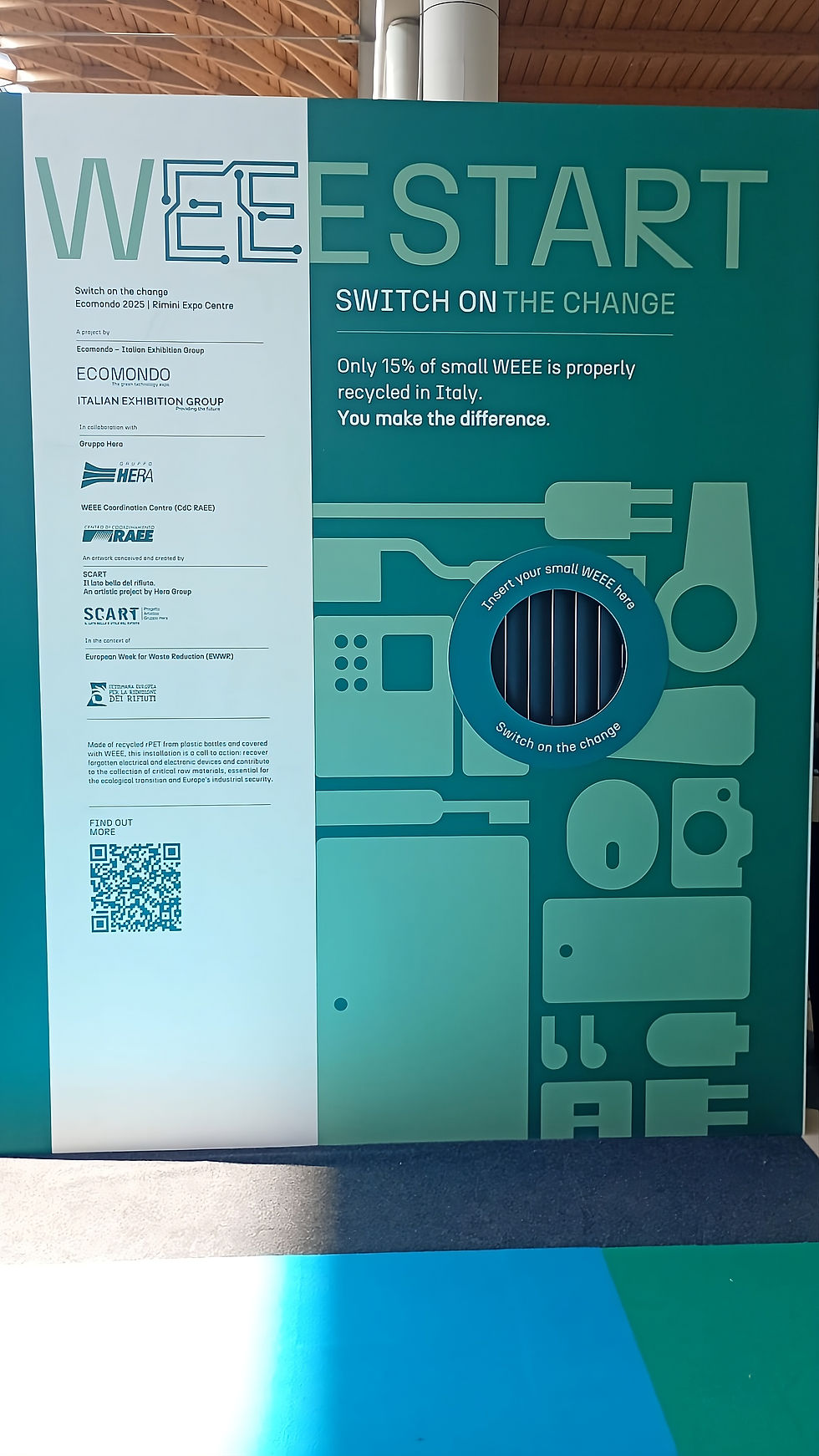 Ecomondo 2025: WEE Start — A campaign focusing on the crucial need for WEEE collection and proper recycling in Italy. The interactive installation encourages attendees to "Switch on the change" and make a difference in small electronic waste management.