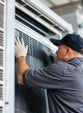 a guy fixing a  big commercial air conditioner he's intently working in a gray uniform wit