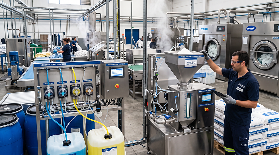 Líquido ou em Pó? Como a Química de Precisão da OM WASH & CHRISTEYNS protege o Enxoval da Sua Unidade Hoteleira