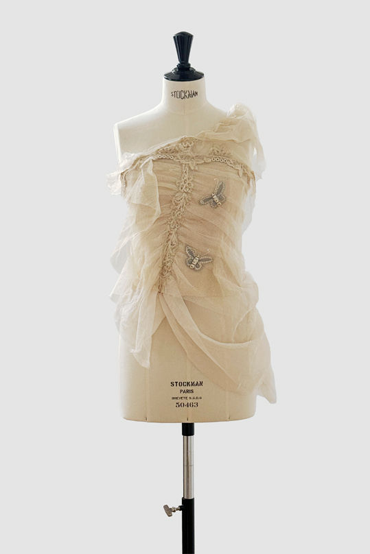 Miniatura: Bustier in raso stretch oro con strati di tulle di cotone bianco