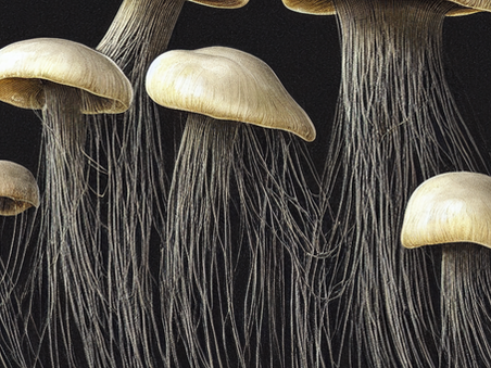 Illustrazione di funghi con lungo micelio