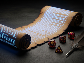 Un pergamino con texto digital y unos dados de juego de rol