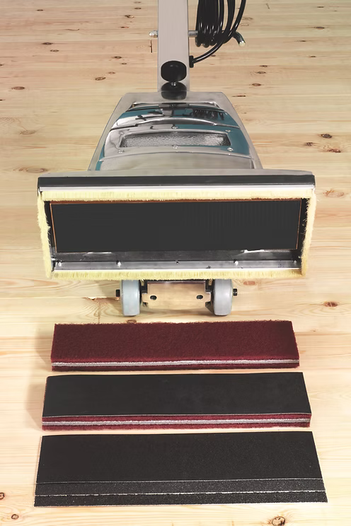 Hiretech HF oscillating floor finishing sander showing sanding pad and base for final timber floor sanding