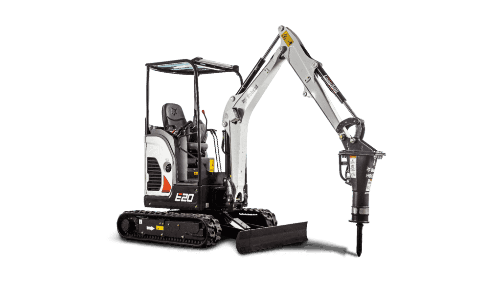 A 2T Bobcat mini digger with a hydraulic concrete breaker attachment, isolated on a plain white background.