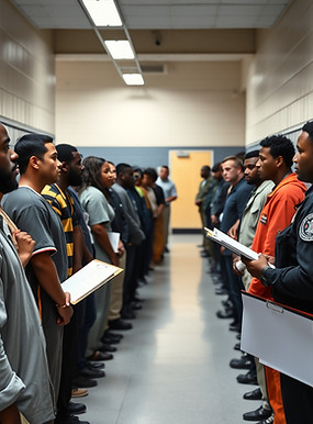 Mixed racist of people men and women mostly men standing in line inside of a correctional