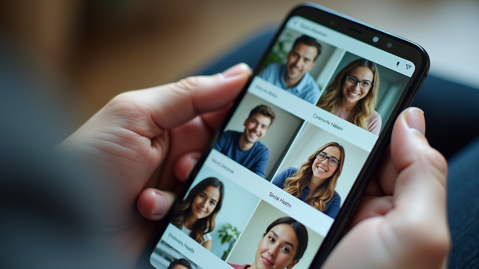 Close-up view of a smartphone screen showing a community chat group discussing mental health