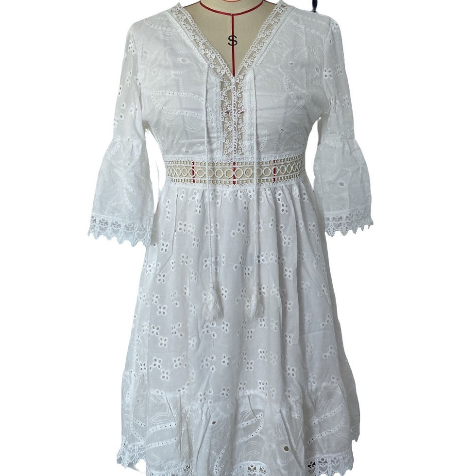 Thumbnail: V-neck white hollow tassel embroidered dress
