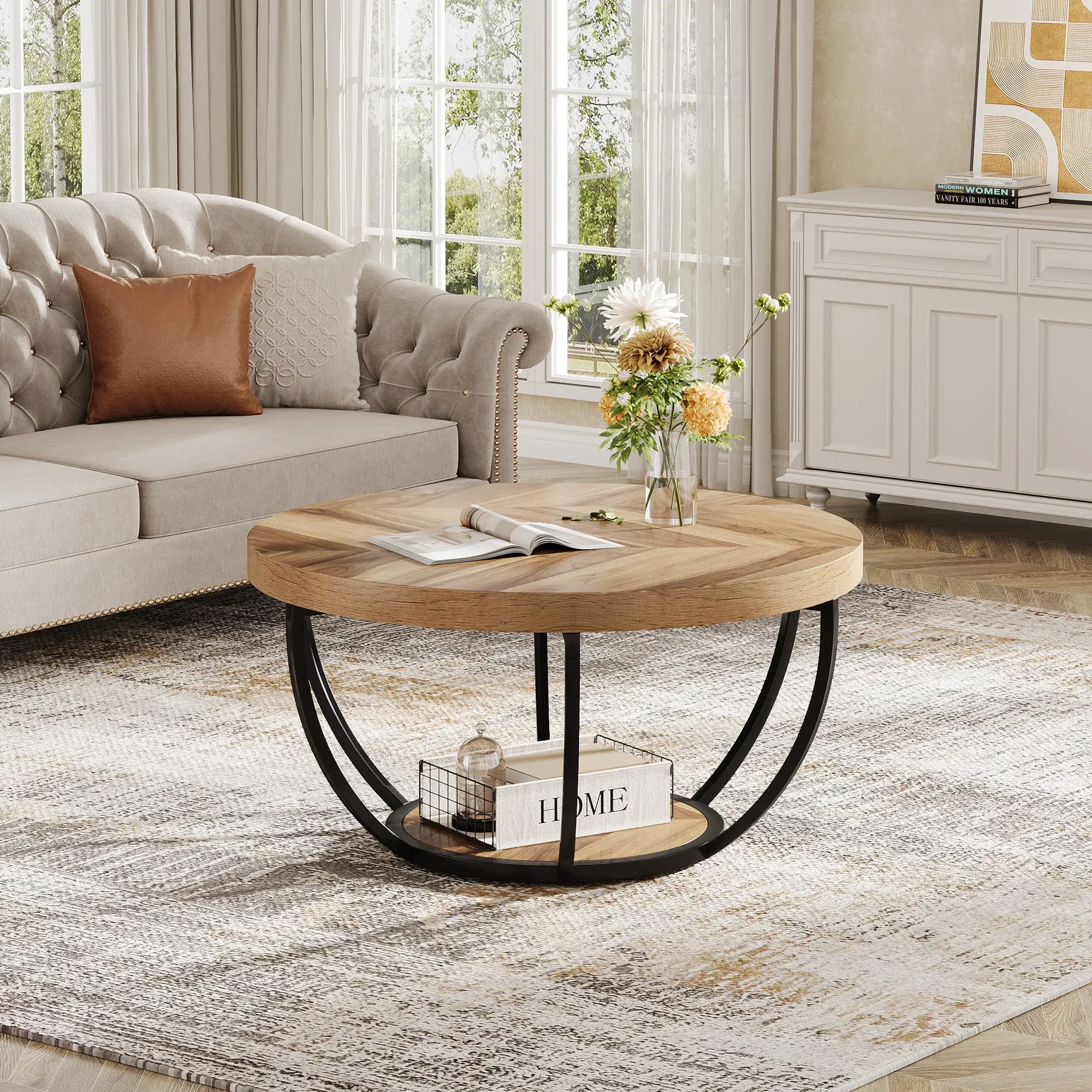 Round Wood Coffee Table with Shelves and Metal Frame