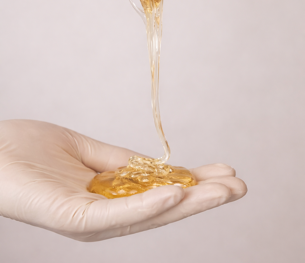 Gloved hand holding warm sugaring paste while liquid sugar wax is poured into the palm during a hair removal treatment.