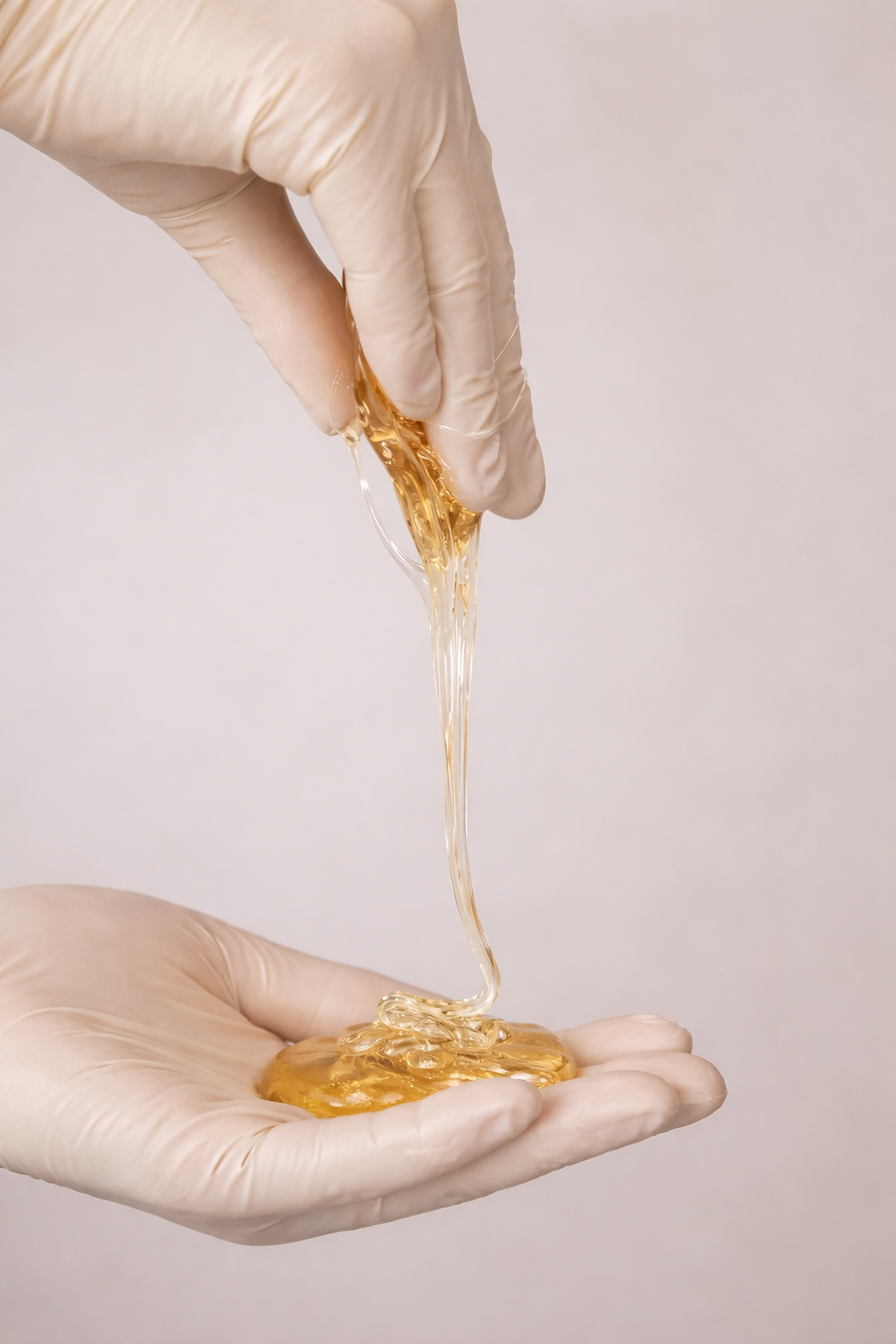 Gloved hand holding warm sugaring paste while liquid sugar wax is poured into the palm during a hair removal treatment.