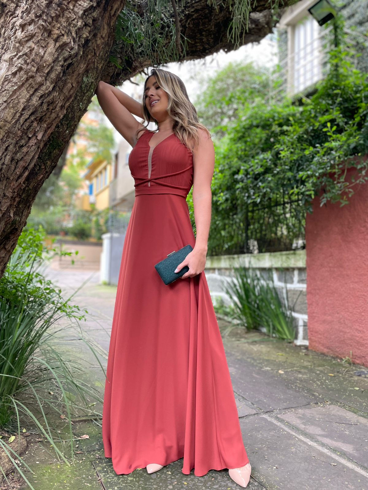 Vestido longo terracota