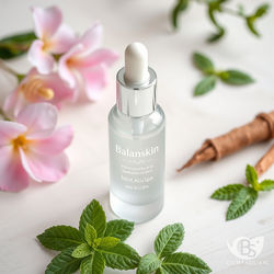 A luxurious minimalist product photo featuring a transparent or frosted glass small serum
