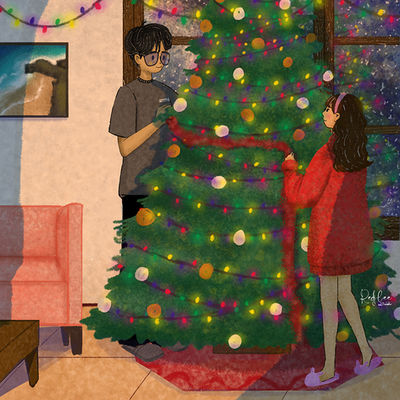 couple decorating Christmas tree cozy holiday illustration warm lights festive home scene storybook style digital painting seasonal art portfolio piece