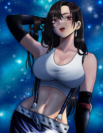 Tifa Lockhart inspired anime illustration confident female character glowing background semi realistic anime style gaming fan art digital illustration portfolio piece