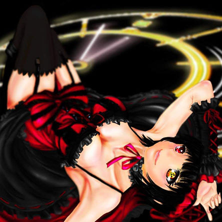 Kurumi Tokisaki inspired anime illustration gothic outfit clock background dark fantasy anime art semi realistic digital illustration fan art portfolio piece