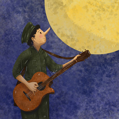 Cyrano de Bergerac inspired illustration musician playing guitar under moon romantic storybook style digital painting literary art portfolio piece