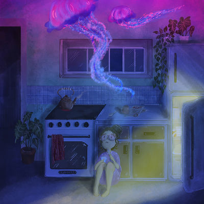 surreal jellyfish illustration glowing underwater creature floating in kitchen dreamlike emotional digital art conceptual illustration portfolio piece