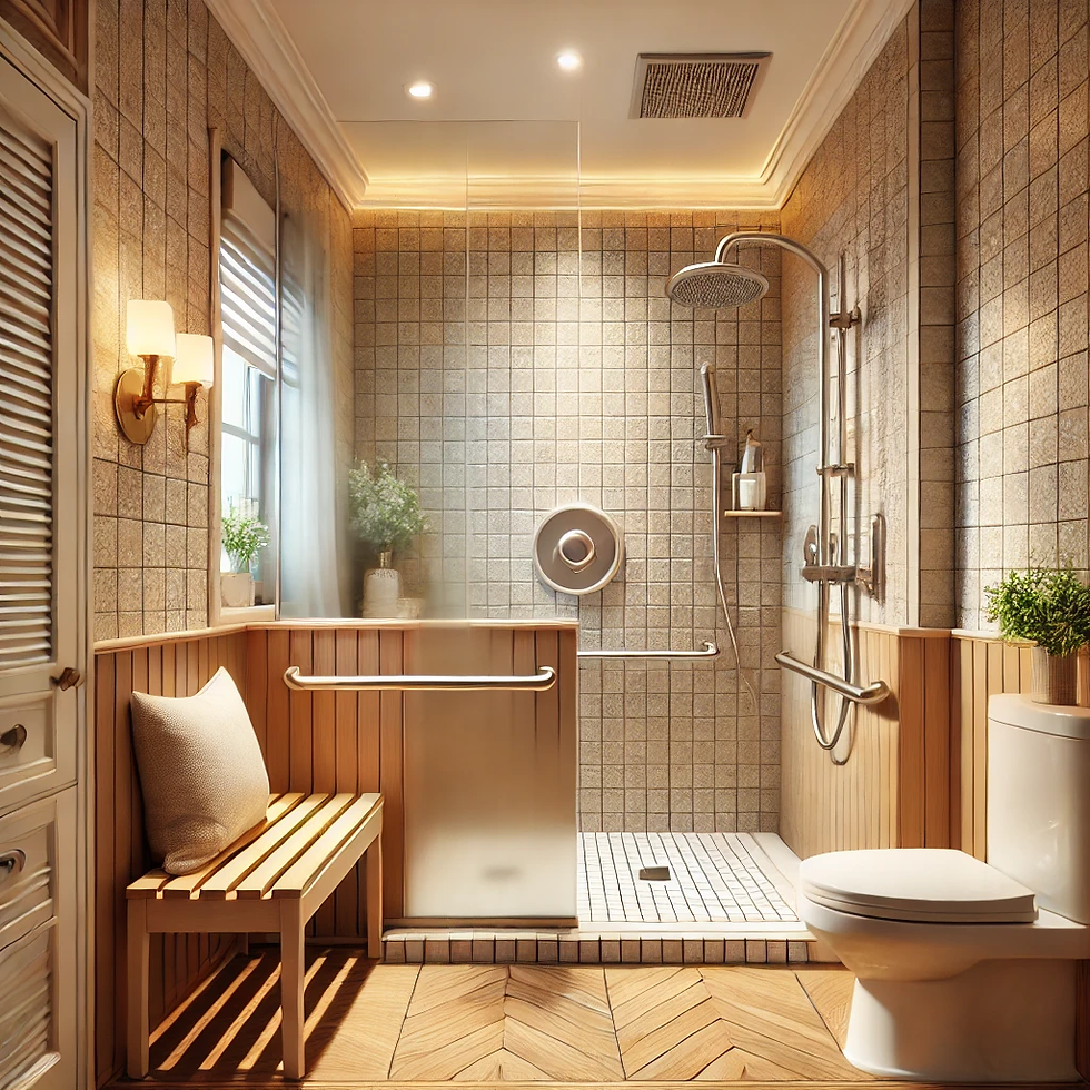 Modern bathroom with a tiled shower, wood accents, bench, and plants. Warm lighting creates a cozy, inviting atmosphere.