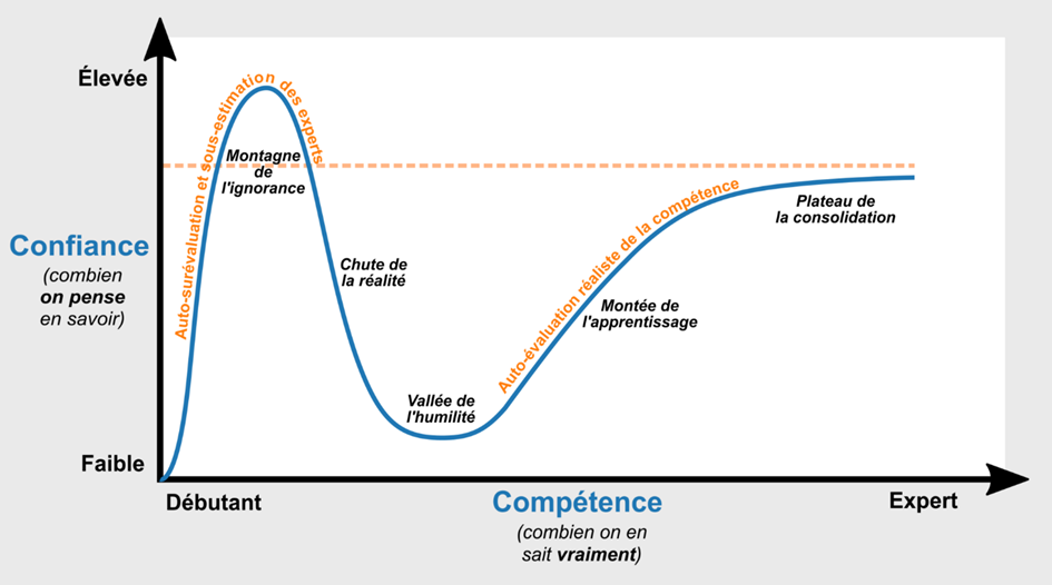 Graphique montrant la relation entre confiance et compétence, avec des courbes indiquant des phases comme la "Montagne de l'ignorance" et "Plateau de la consolidation".