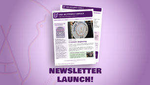 Text reads Newsletter Launch with two images of the newsletter document atop a purple background