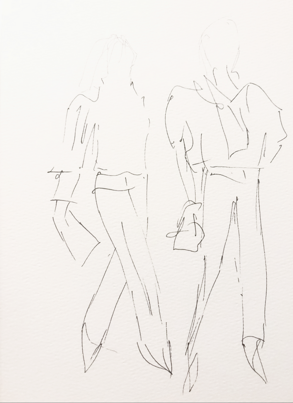 Contemporary fashion illustration of two figures in chic, modern attire, capturing a dynamic, elegant social atmosphere