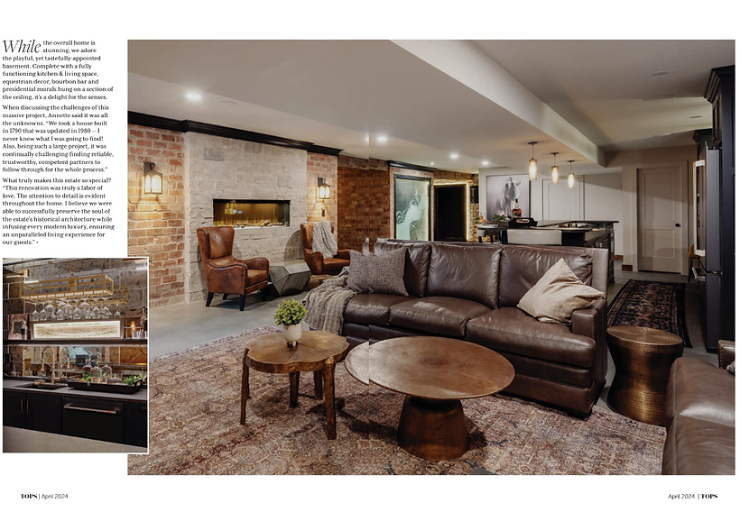 Two page spread of Mallard Hall's feature in TOPS Louisville magazine including photos of the cozy speakeasy on the lower level