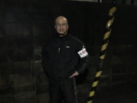 Mr. Hiroshi Hosokawa is on night duty as a vigilante in his residential district as Citizens Guard.