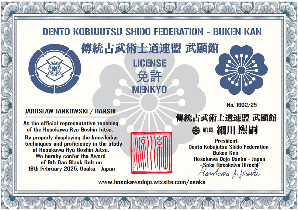 License / Menkyo for Jaroslaw Jankowski Hanshi as a Representative teaching of the Hosokawa Ryu Goshin Jutsu.