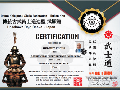 Helmut Fuchs has been awarded the title of Instructor in Goshin Jutsu / Self Defense form Dento Kobujutsu Shido Federation – Buken Kan, Osaka - Japan.