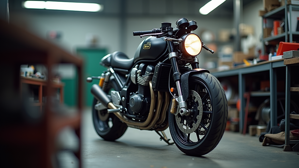 Vue rapprochée d'une moto en cours d'entretien dans un atelier