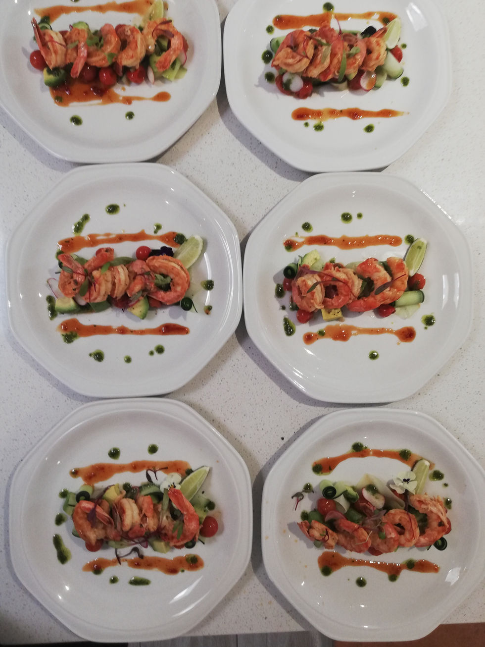 Grilled prawns, plated starter in your home