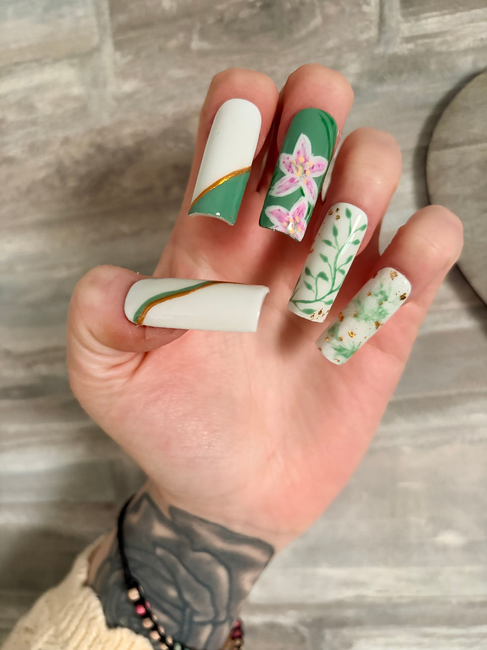 Thumbnail: Hand Painted Sage, White and Gold Press On Nails with Floral Nail Art Design