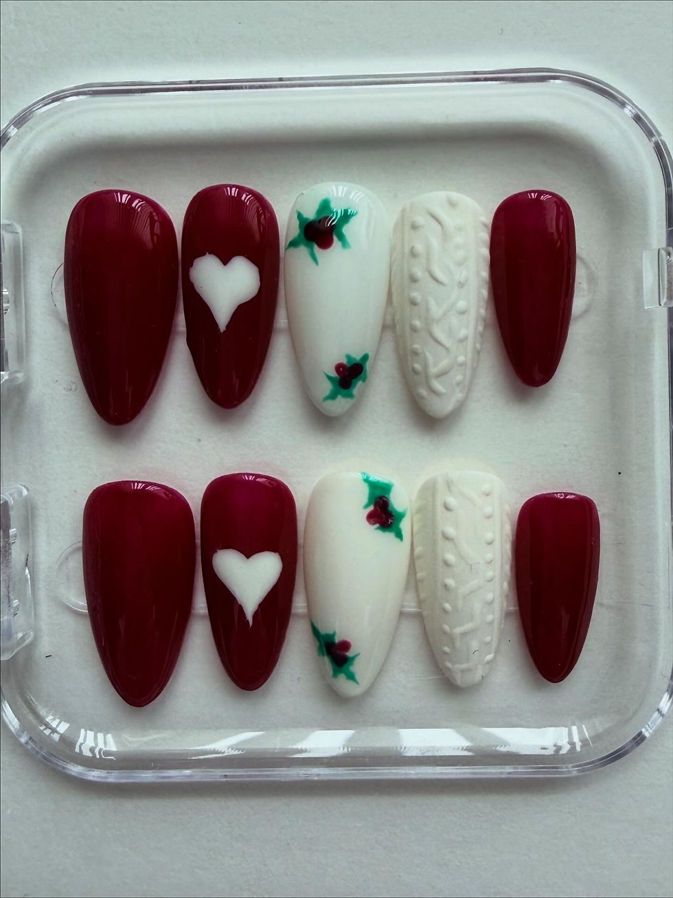 Hand Painted Red and Ivory Christmas Sweater Design Press On Nails with Heart