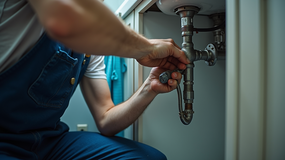 Eye-level view of a plumber fixing a pipe under a sink
