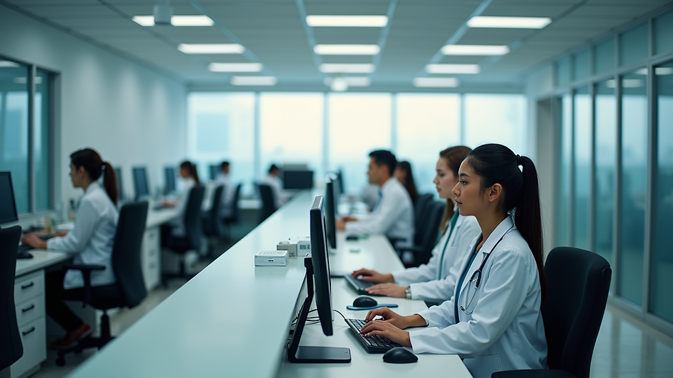 High angle view of a medical office with billing staff working on computers