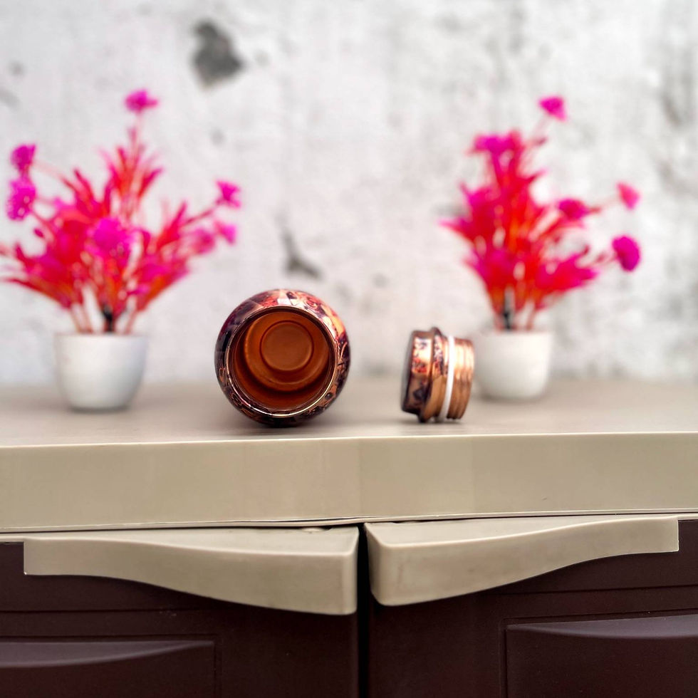 Thumbnail: Interior view of mandala design pure copper water bottle showing open mouth and copper lining