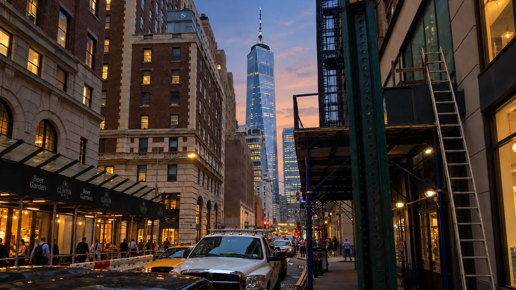 AI-assisted natural dusk street view toward One World Trade Center