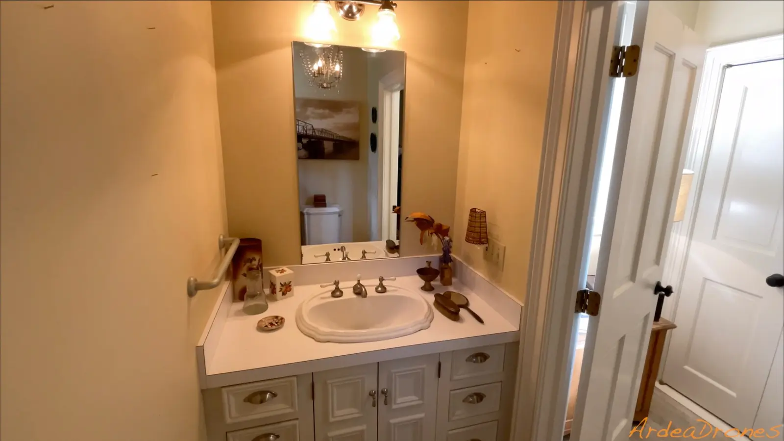 Powder room before an AI-assisted cleanup concept