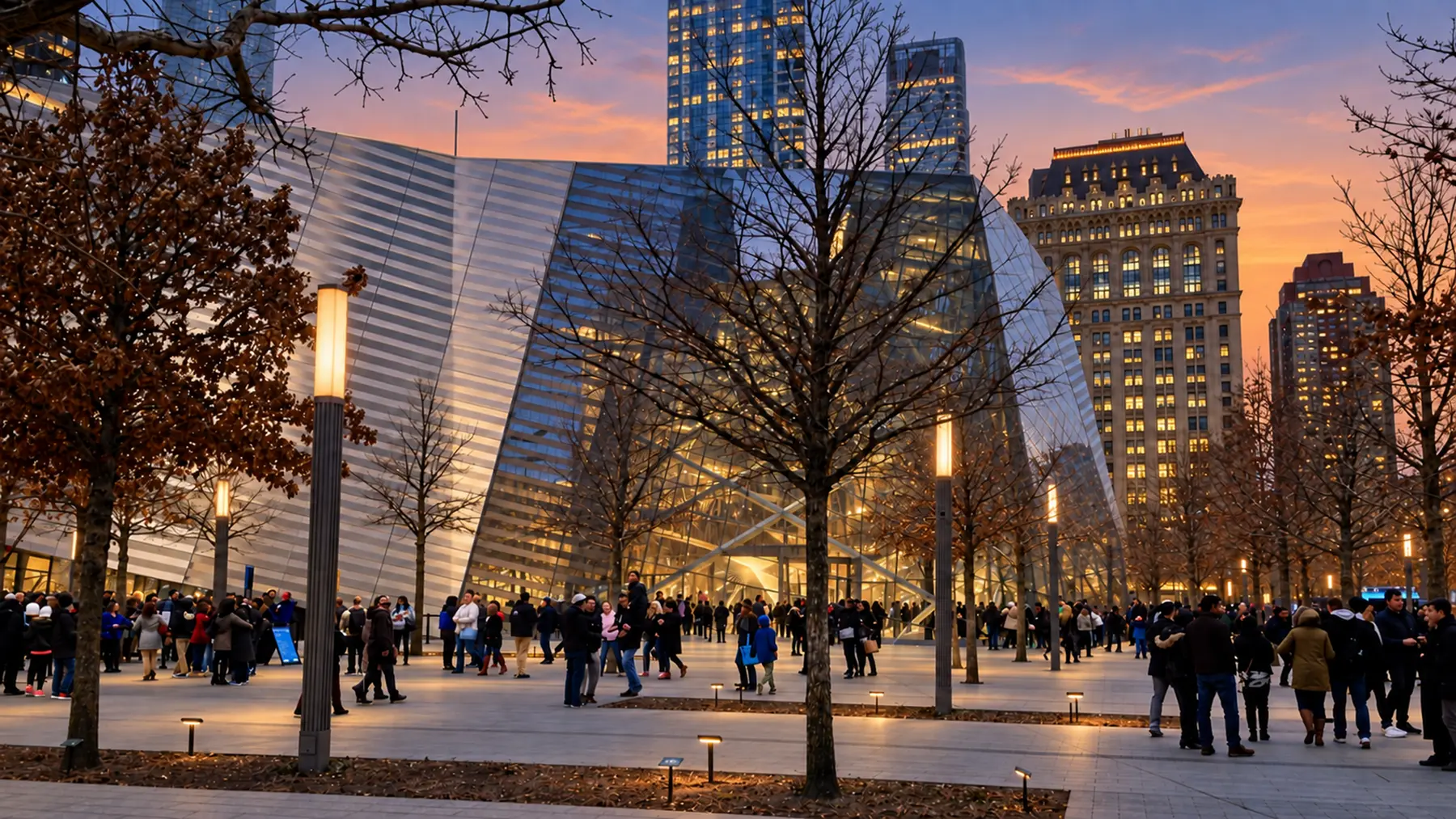 AI-assisted warm dusk study across the World Trade Center plaza